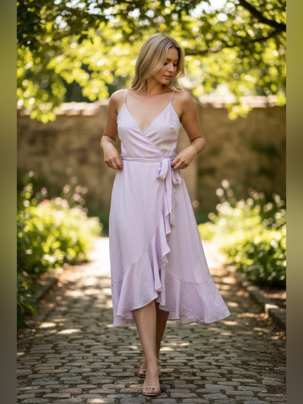 H & M Women's light Lilac Ruffle flounce Wrap midi Dress Sz small NWT